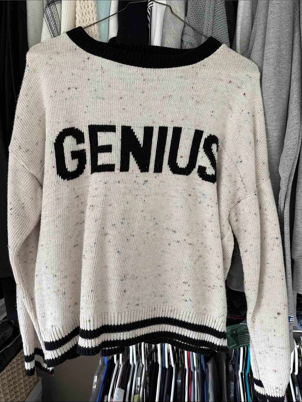 Blush Cream Speckled 'GENIUS' Crewneck Sweater with Black Trim